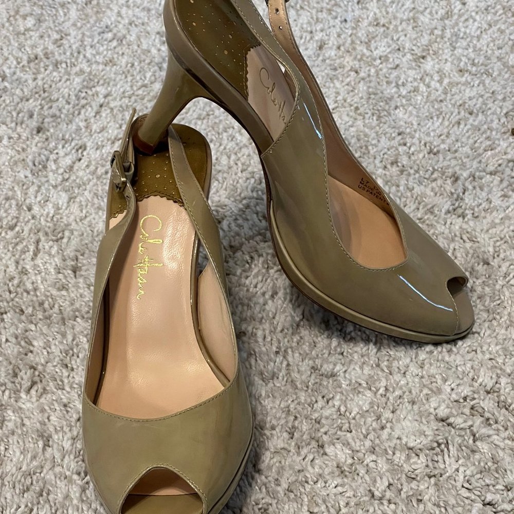 Cole Haan Patent Leather Peep Toe Sling Backs
